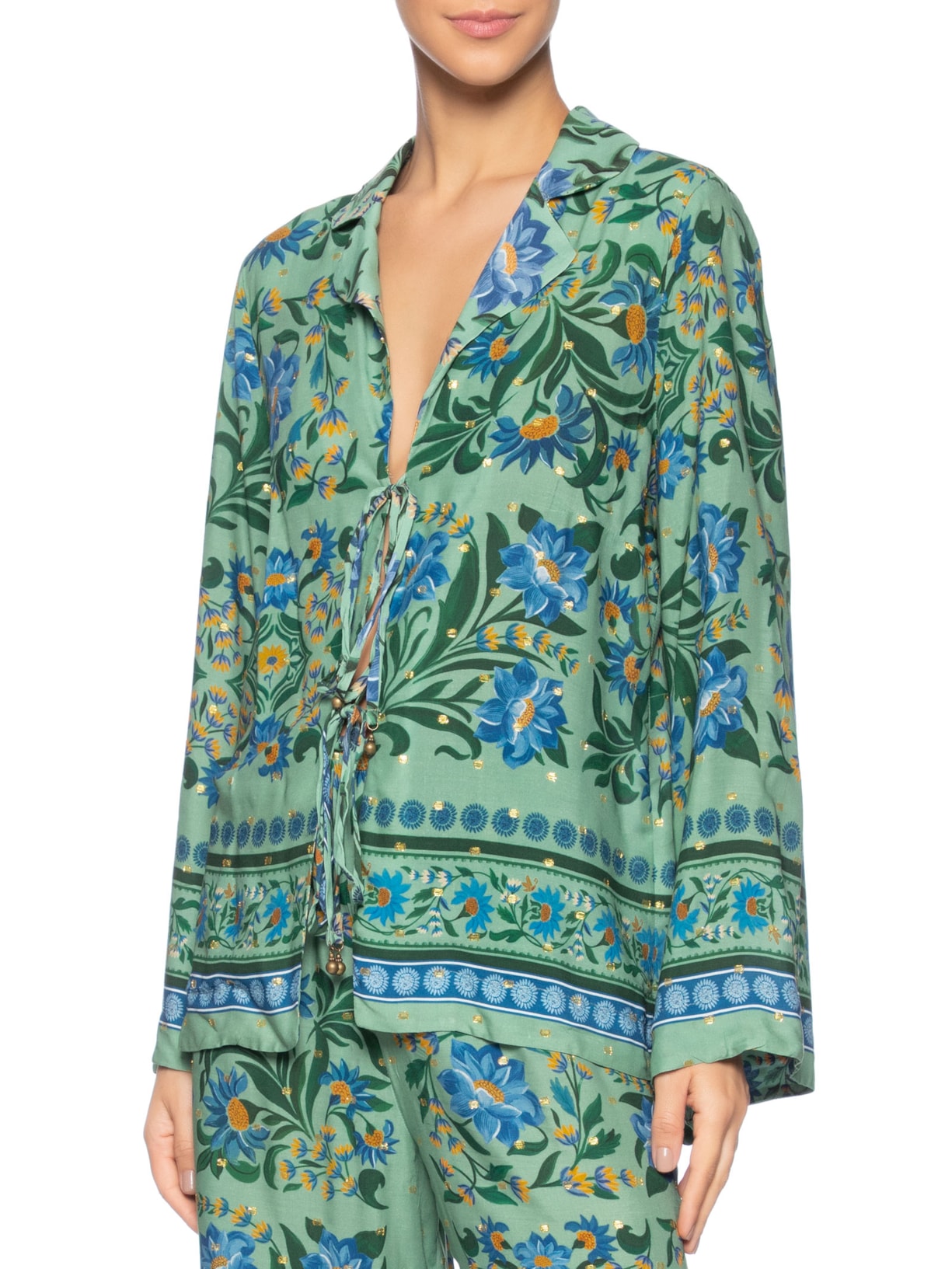 Blusa Amarração Azulejo Florido Verde Farm