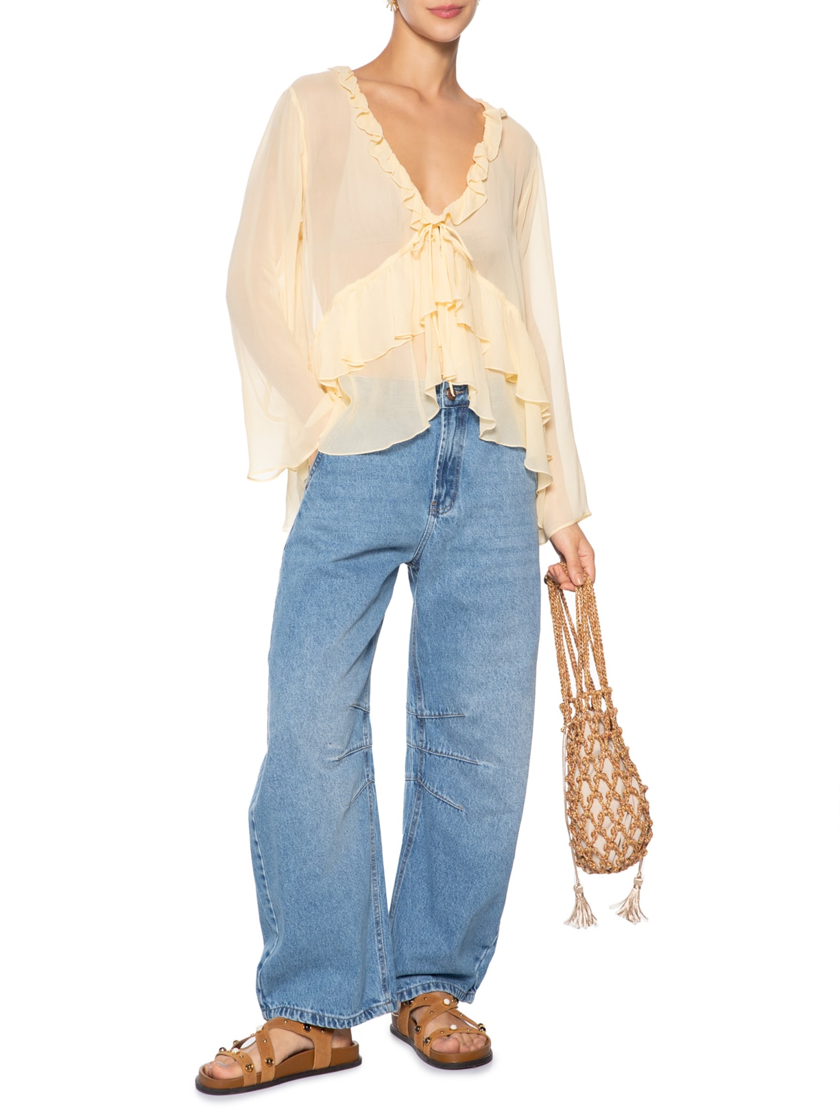 Blusa Amarração Babados Manga Amarelo Farm