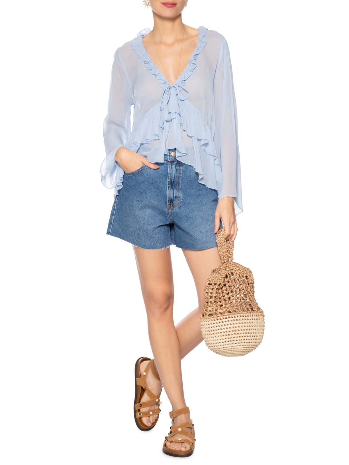 Blusa Amarração Babados Manga Azul Farm