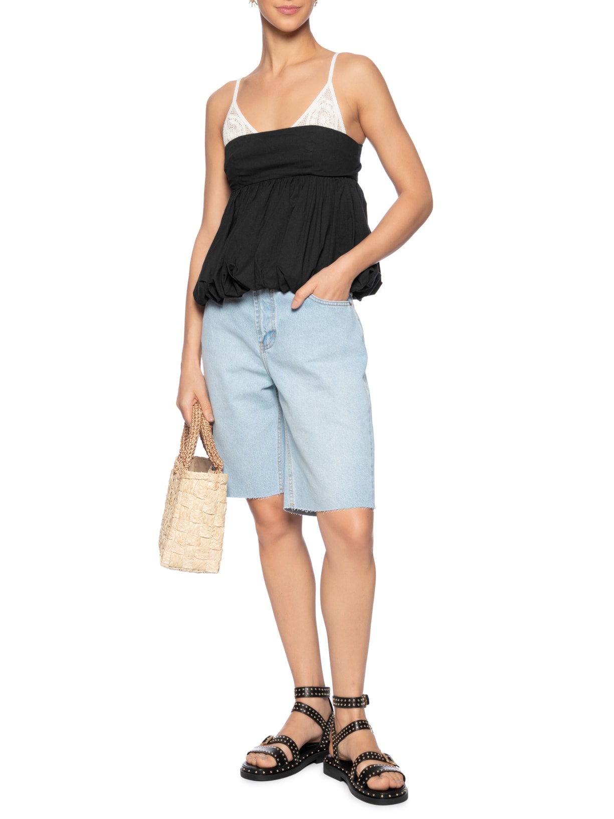 Blusa Balonê Tela Artesanal Preto Farm