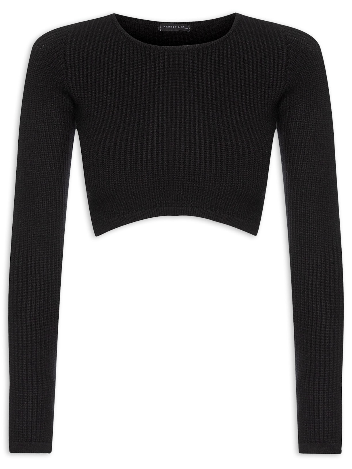 Blusa Cropped Feminina Em Tricot Com Manga Longa - Preto