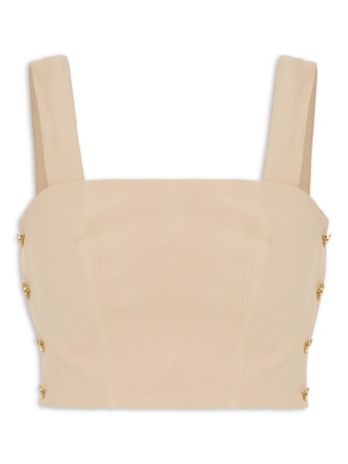Blusa Cropped Feminino Em Crepe Decote Reto - Bege