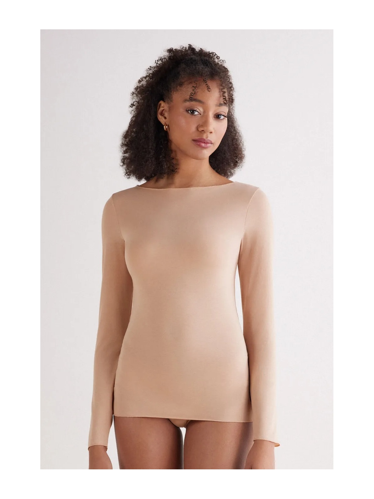 Blusa De Manga Comprida Com Decote Canoa Em Algodão Ultralight Bege Intimissimi