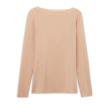 Blusa De Manga Comprida Com Decote Canoa Em Algodão Ultralight - Bege