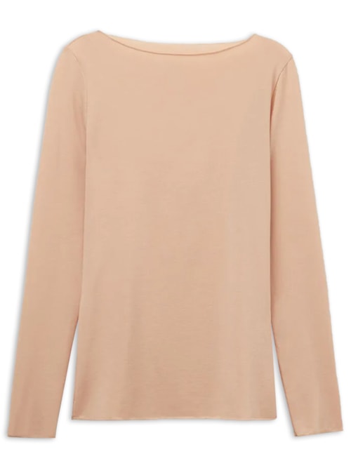 Blusa De Manga Comprida Com Decote Canoa Em Algodão Ultralight - Bege