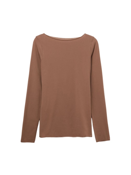 Blusa De Manga Comprida Com Decote Canoa Em Algodão Ultralight - Bege