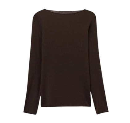 Blusa De Manga Comprida Com Decote Canoa Em Algodão Ultralight - Marrom