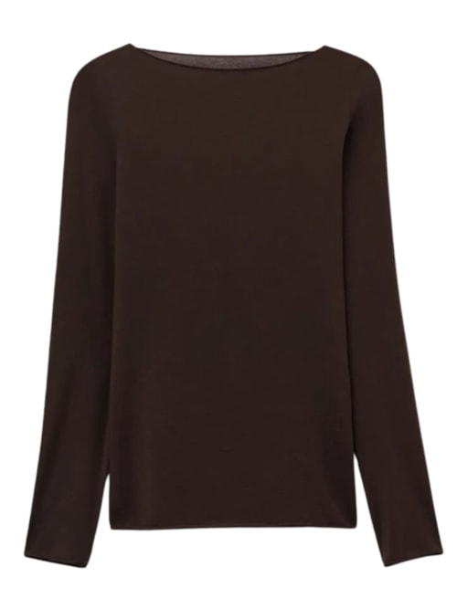 Blusa De Manga Comprida Com Decote Canoa Em Algodão Ultralight - Marrom