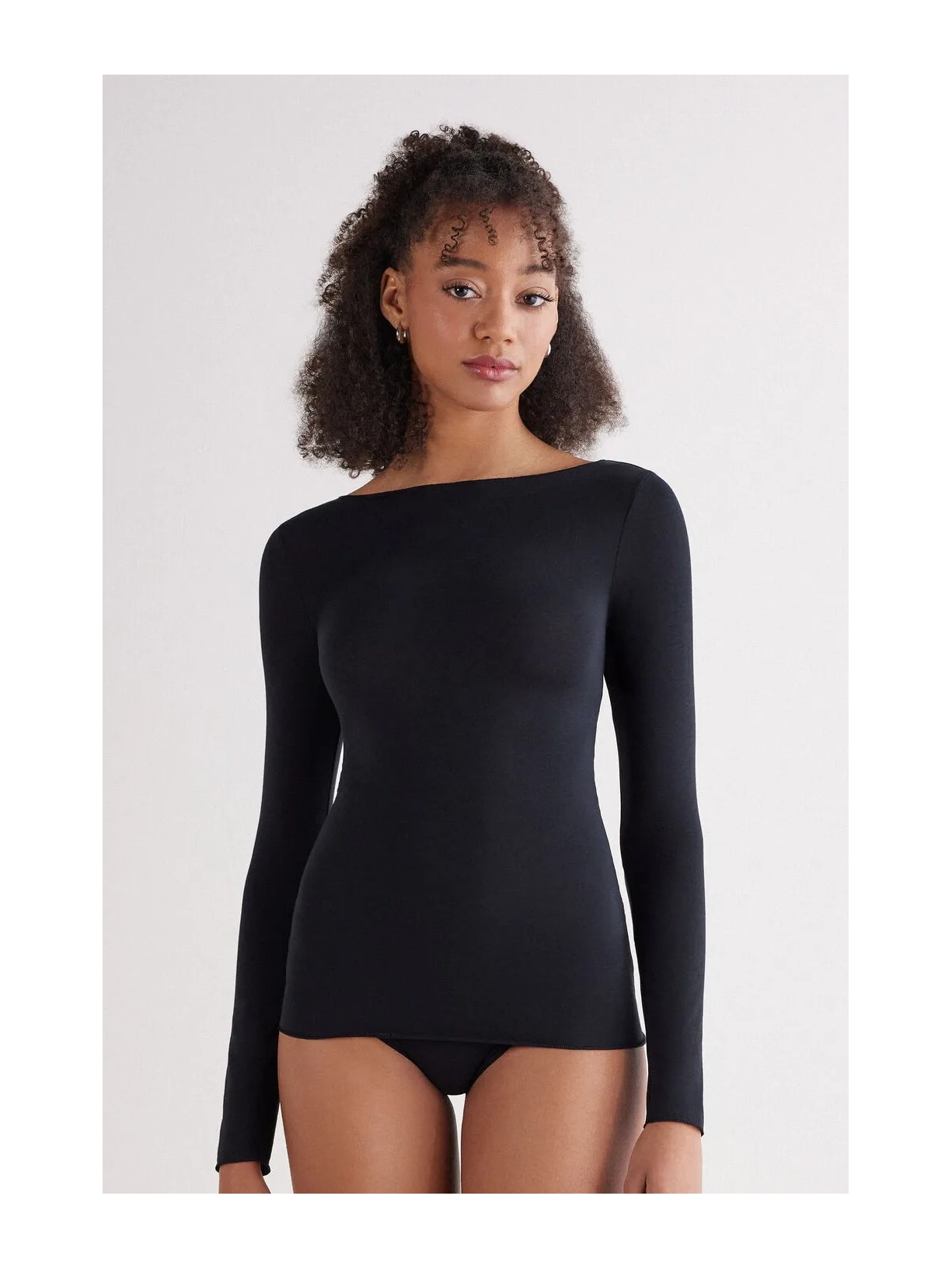 Blusa De Manga Comprida Com Decote Canoa Em Algodão Ultralight Preto Intimissimi