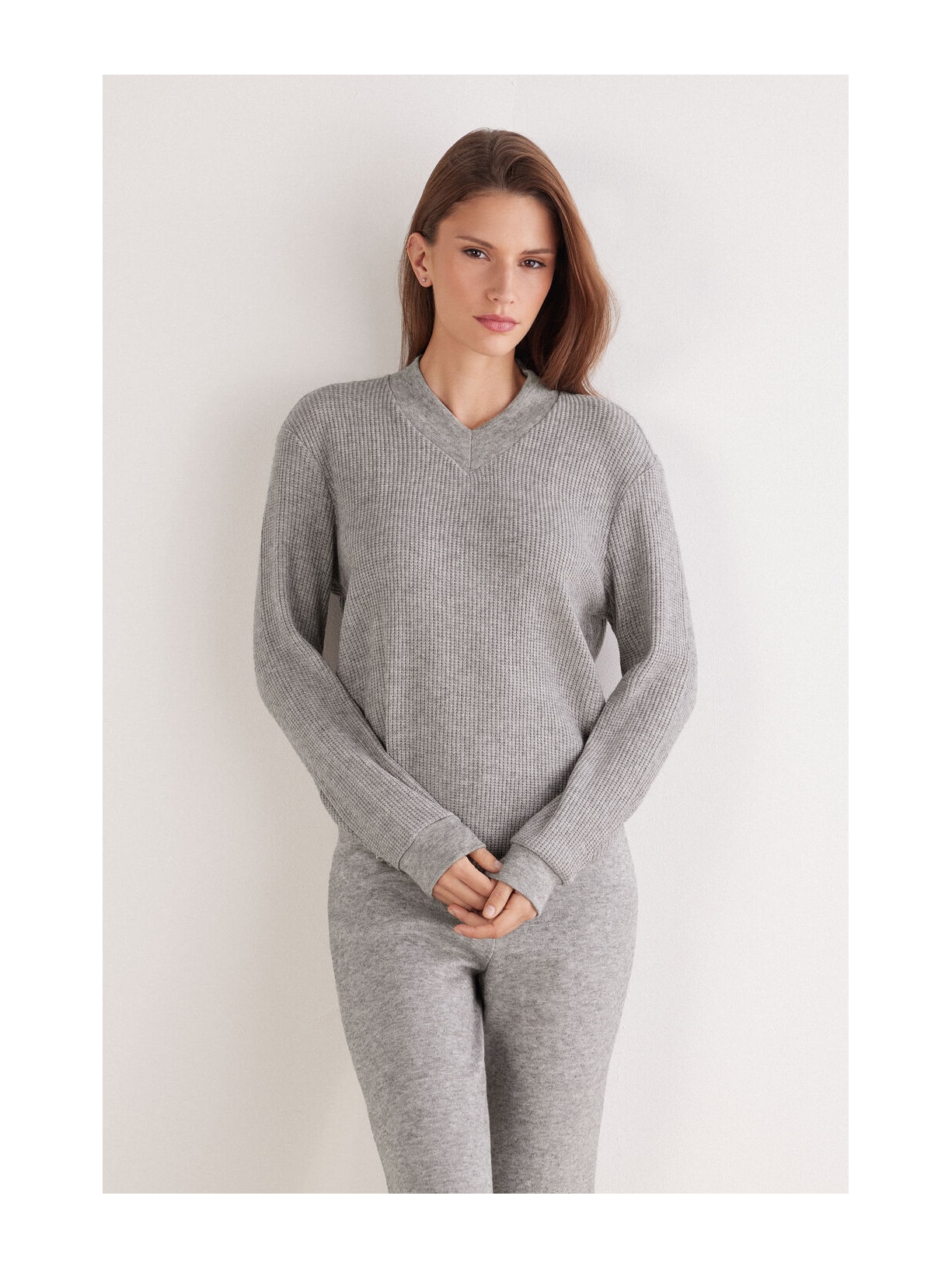 Blusa De Manga Comprida Com Decote Em v Soft Tricot Cinza Intimissimi