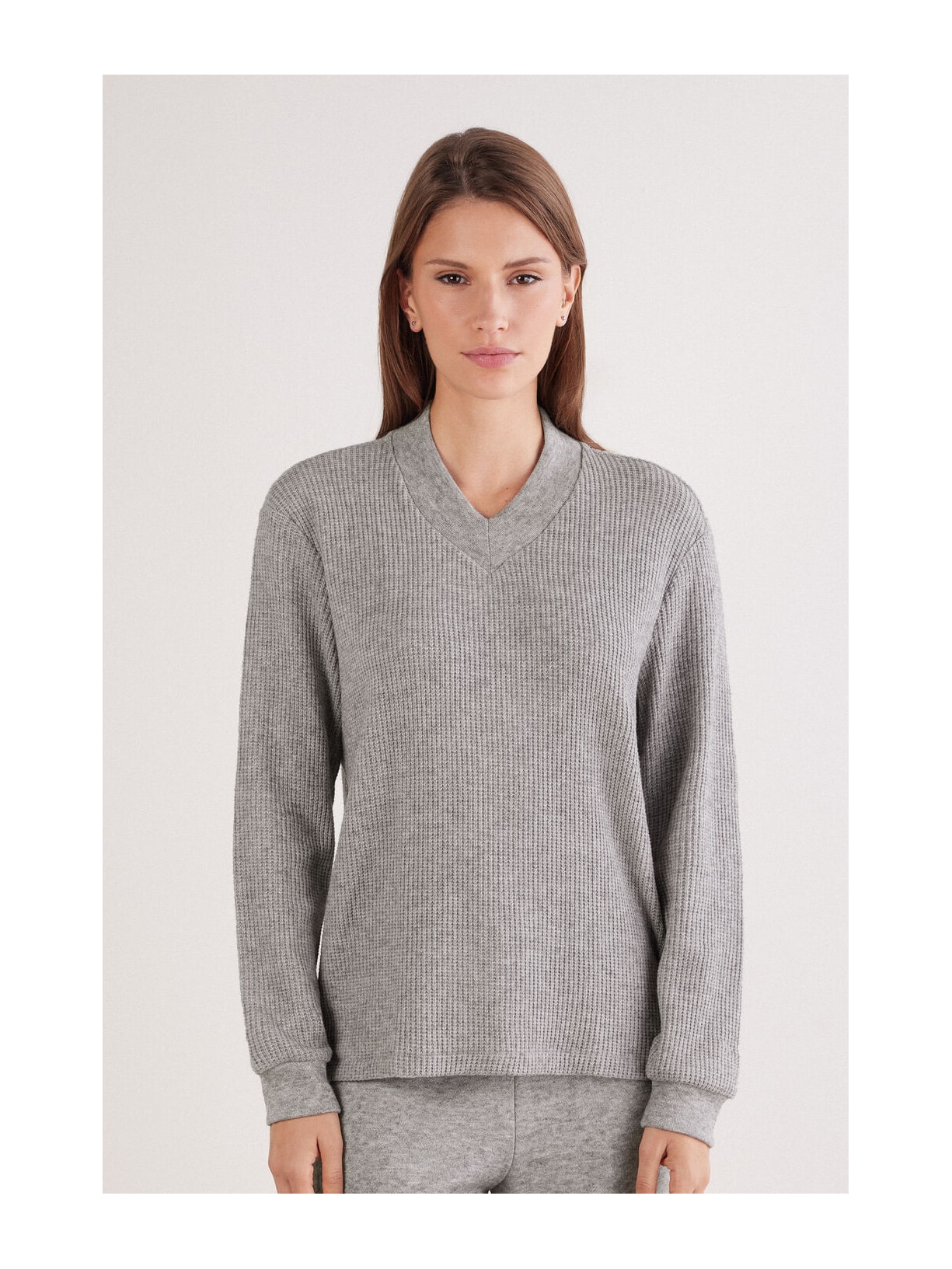 Blusa De Manga Comprida Com Decote Em v Soft Tricot Cinza Intimissimi