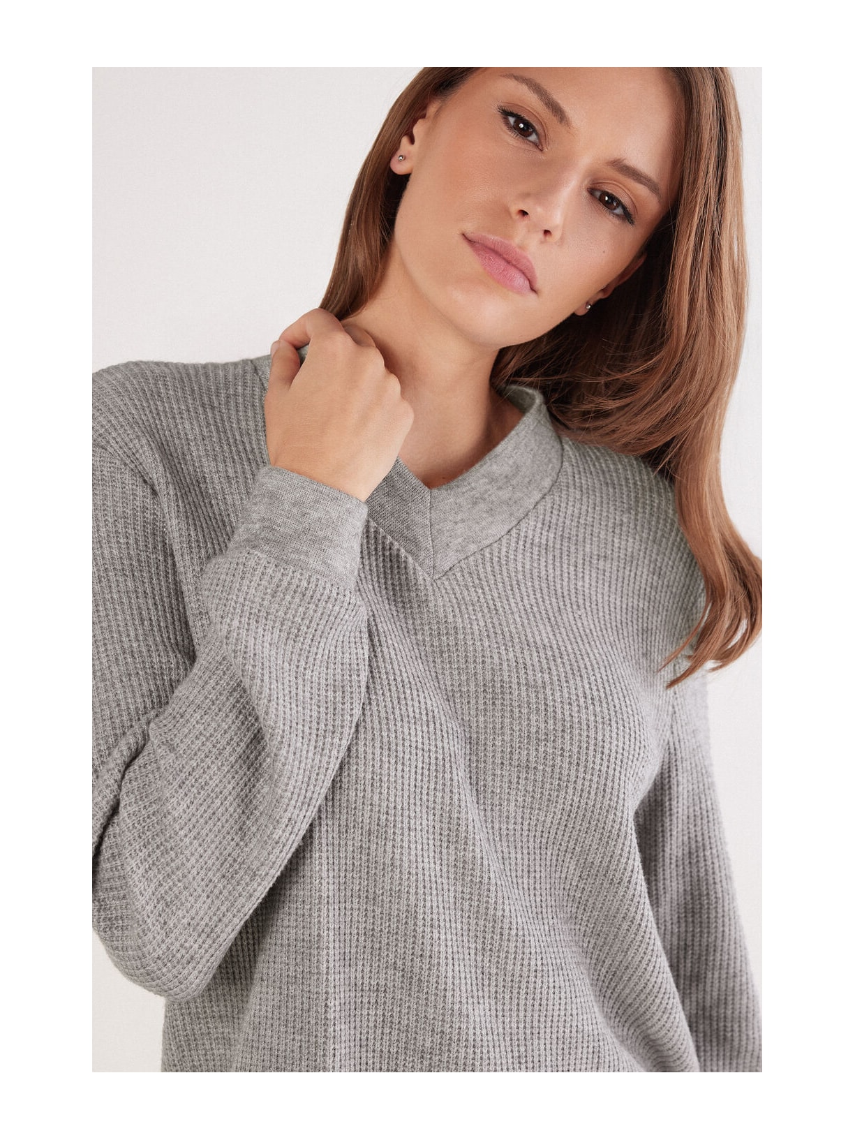 Blusa De Manga Comprida Com Decote Em v Soft Tricot Cinza Intimissimi