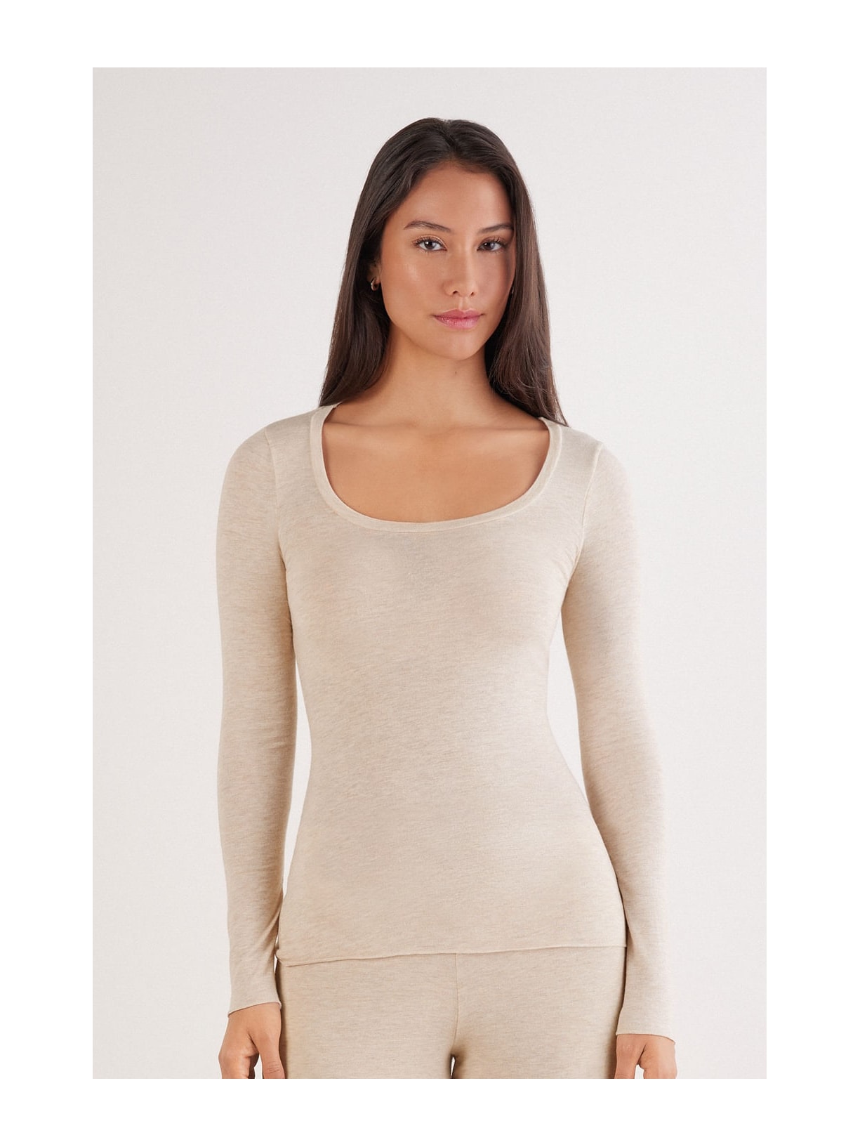 Blusa De Manga Comprida Em Cashmere Ultralight Com Decote Em u Bege Intimissimi