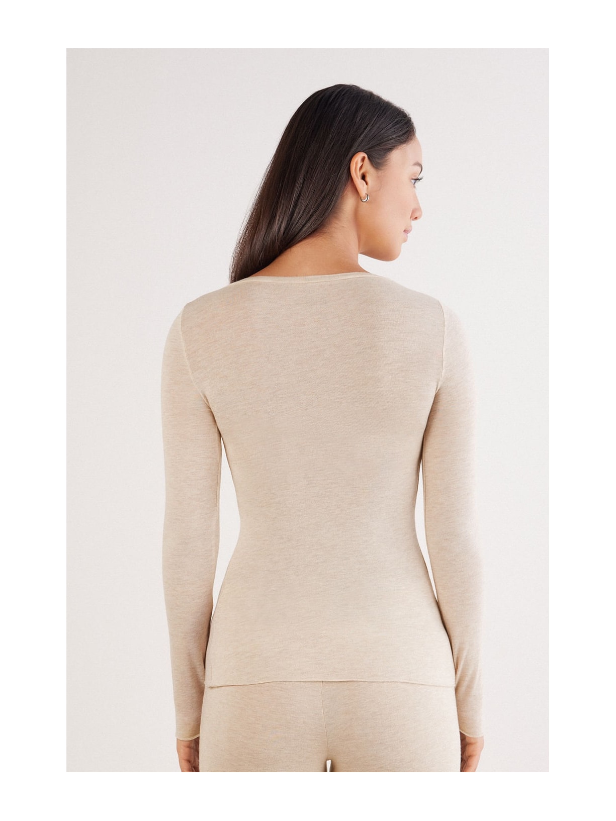 Blusa De Manga Comprida Em Cashmere Ultralight Com Decote Em u Bege Intimissimi