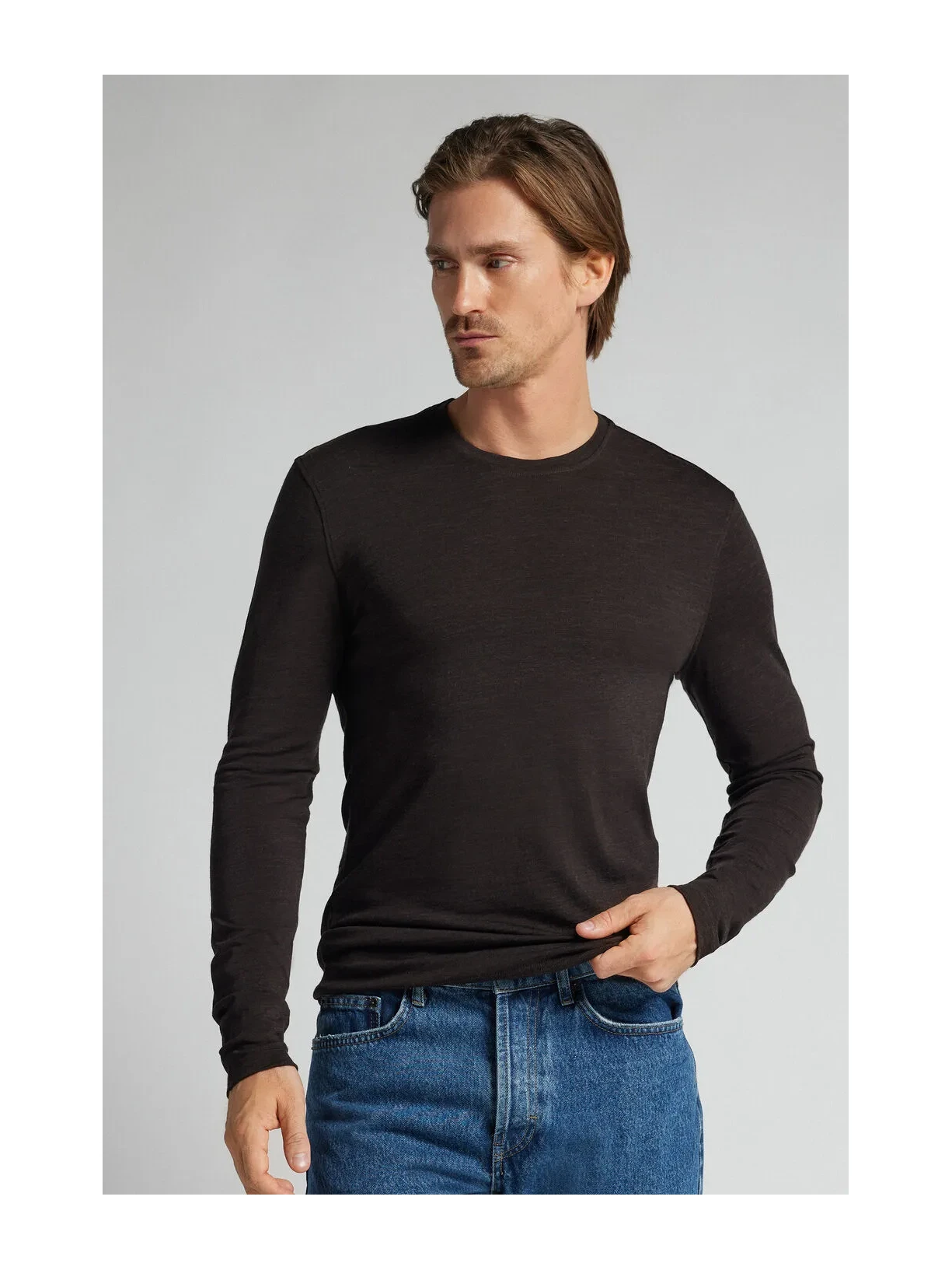 Blusa De Manga Comprida Em Lã Merino Com Decote Redondo Marrom Intimissimi