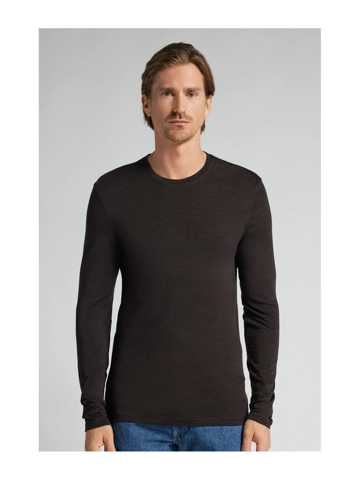 Blusa De Manga Comprida Em Lã Merino Com Decote Redondo Marrom Intimissimi