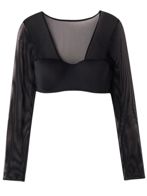 Blusa De Manga Comprida Em Microfibra Ultralight e Tule - Preto