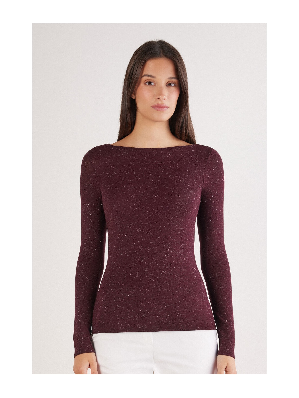 Blusa De Manga Comprida Em Modal Com Cashmere Lamê Bordô Intimissimi
