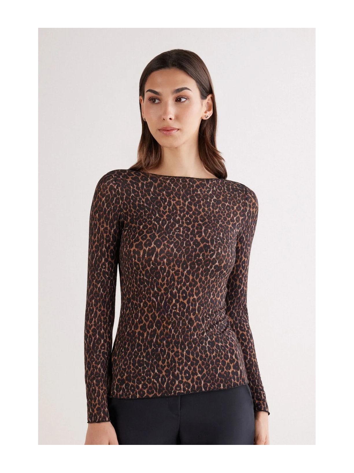 Blusa De Manga Comprida Em Modal Ultralight Com Cashmere Com Estampa Animal Print Marrom Intimissimi