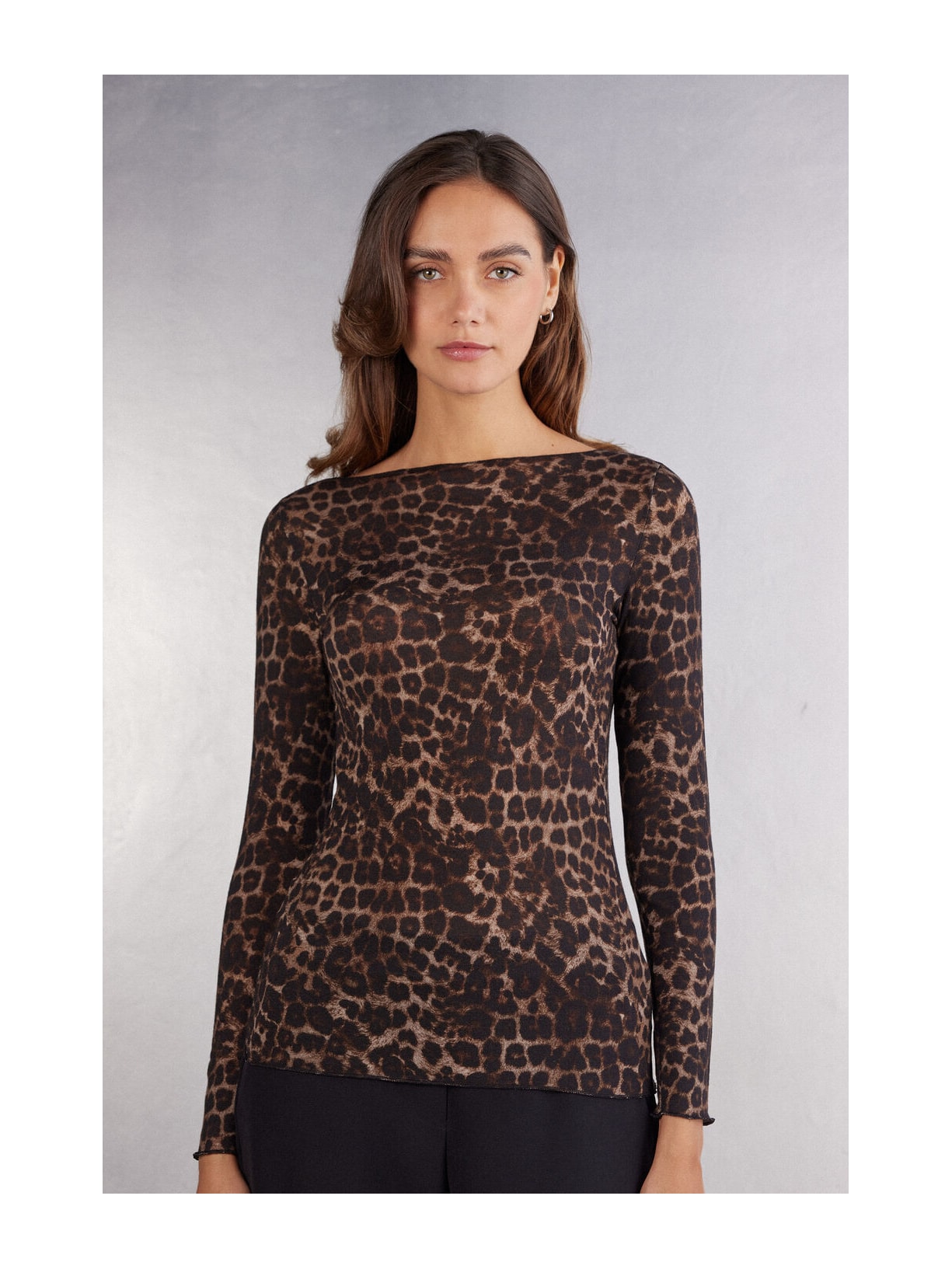 Blusa De Manga Comprida Em Modal Ultralight Com Cashmere Luxurious Leopard Marrom Intimissimi