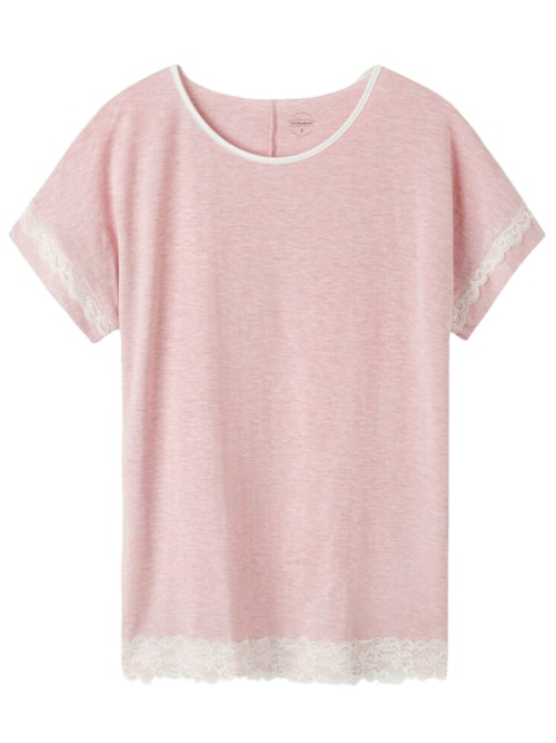 Blusa De Manga Curta De Modal Detalhes De Renda - Rosa