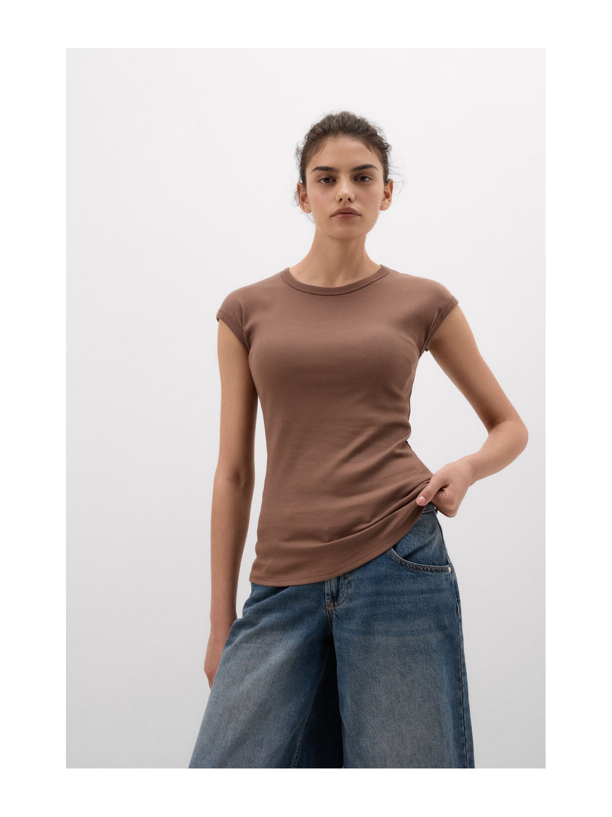 Blusa De Manga Curta Em Algodão Supima Canelado Marrom Intimissimi