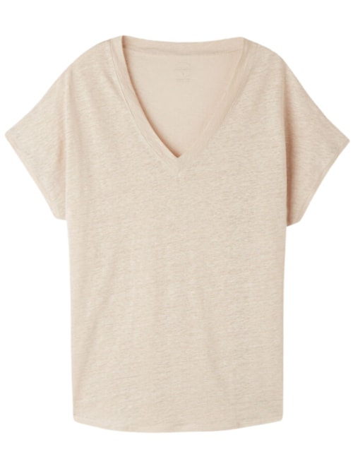 Blusa De Manga Curta Em Linho Com Decote Em v - Bege