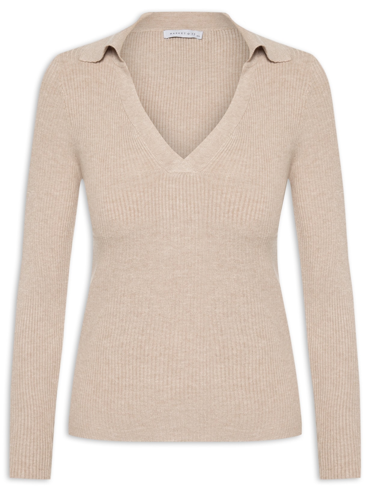 Blusa De Manga Longa Feminina Em Tricot Com Gola Polo - Bege