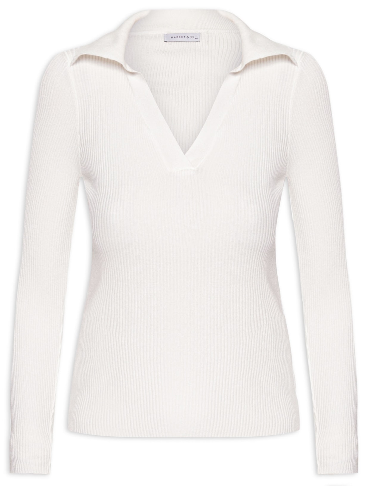 Blusa De Manga Longa Feminina Em Tricot Com Gola Polo - Off White