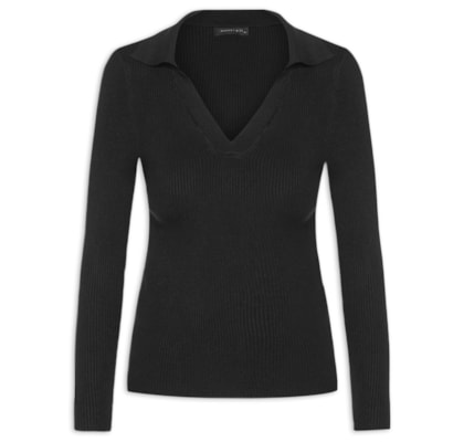Blusa De Manga Longa Feminina Em Tricot Com Gola Polo - Preto