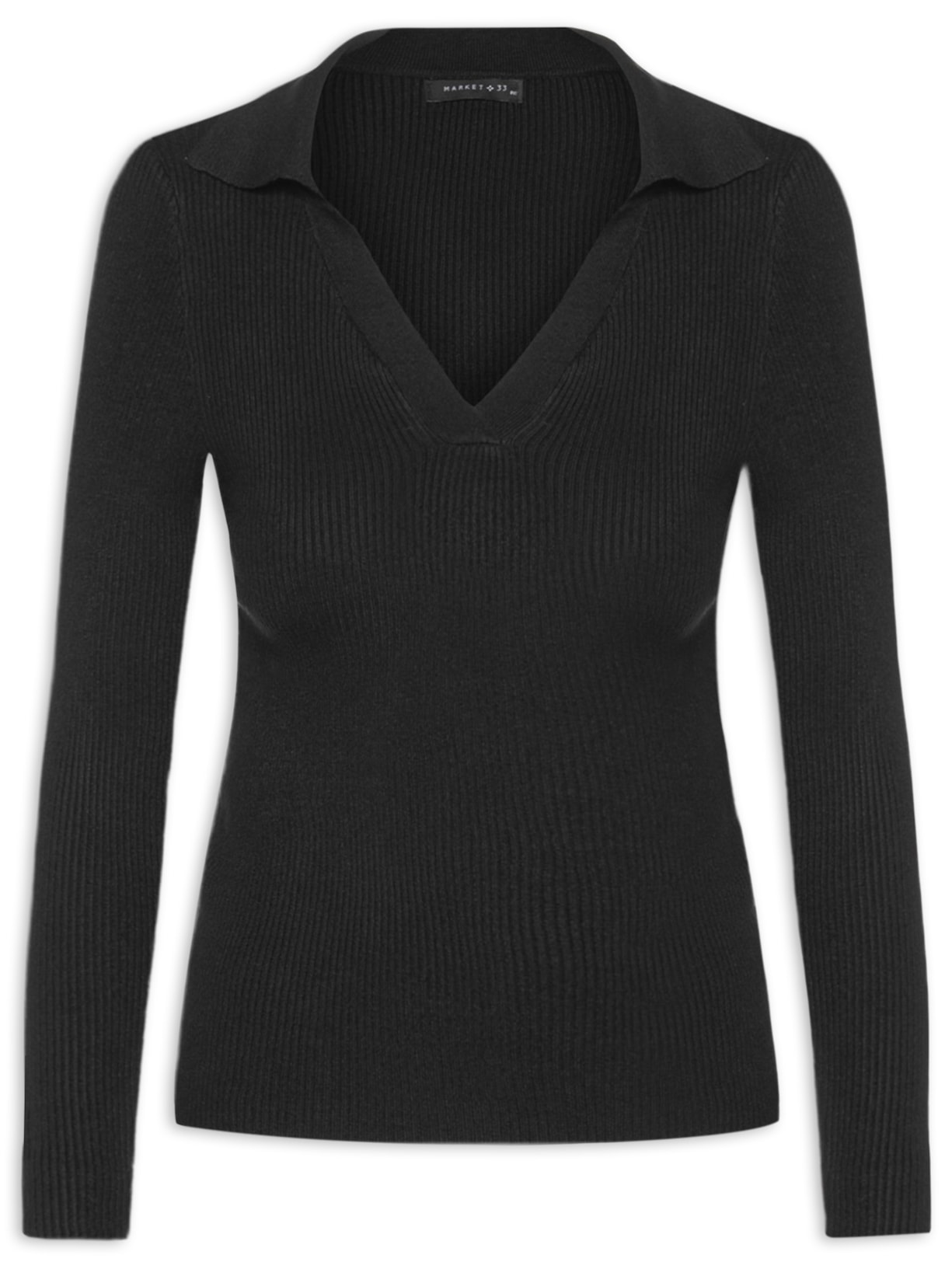 Blusa De Manga Longa Feminina Em Tricot Com Gola Polo - Preto