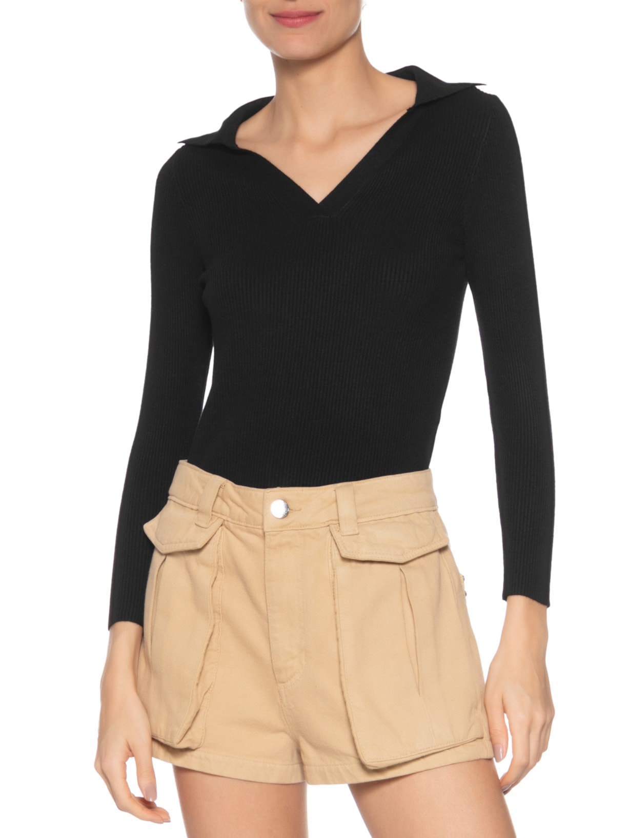 Blusa De Manga Longa Feminina Em Tricot Com Gola Polo Preto Market 33