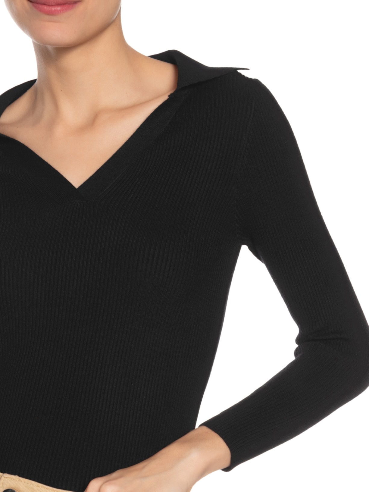 Blusa De Manga Longa Feminina Em Tricot Com Gola Polo Preto Market 33