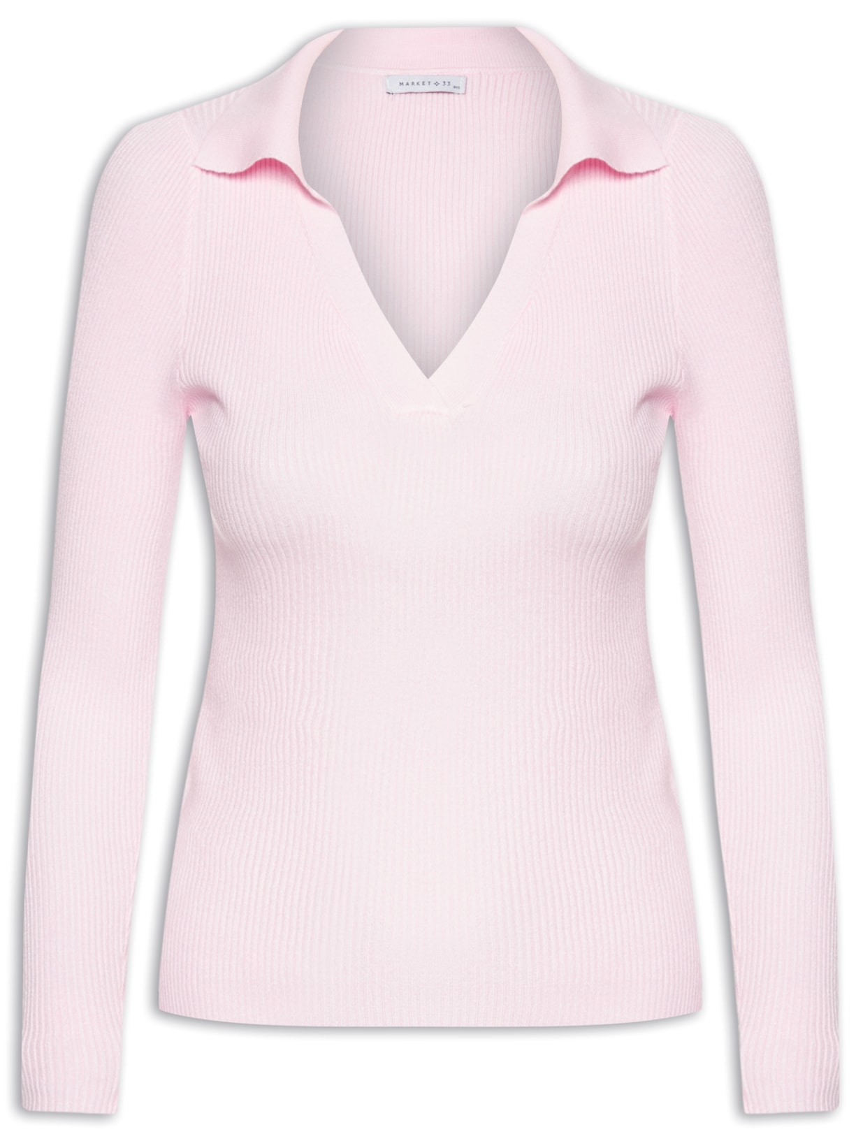 Blusa De Manga Longa Feminina Em Tricot Com Gola Polo - Rosa