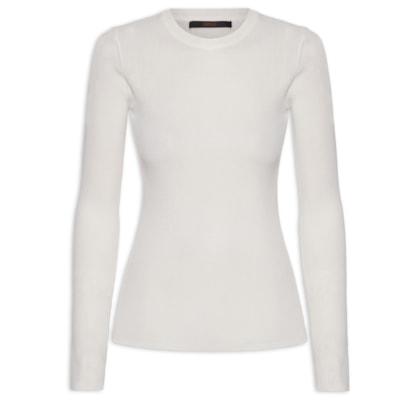 Blusa De Tricot Canelado Manga Longa Básica - Off White