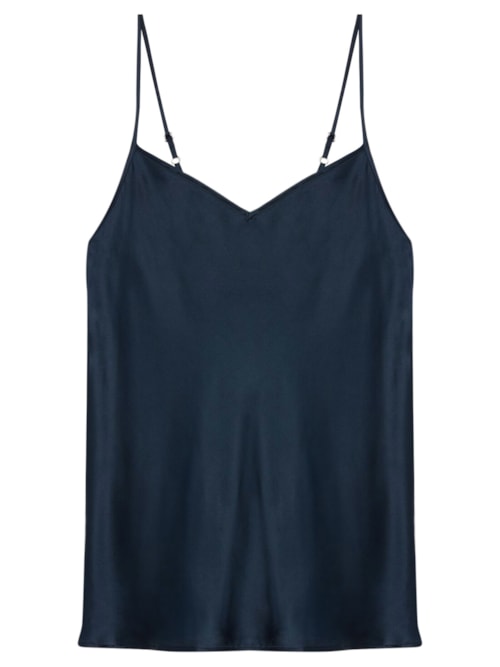 Blusa Em Cetim De Seda Com Decote Em v - Azul
