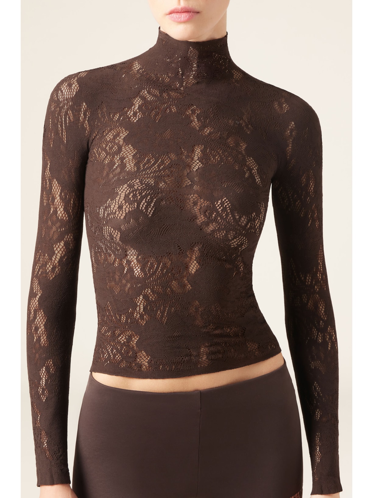 Blusa Em Renda Com Padrão Floral Marrom Calzedonia