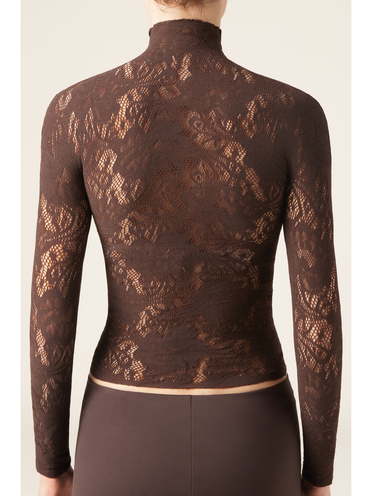Blusa Em Renda Com Padrão Floral Marrom Calzedonia