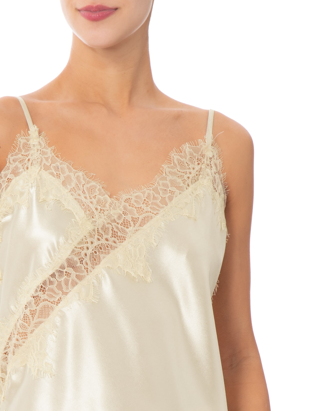 Blusa Feminina Acetinada com Renda Assimétrica Bege Market 33