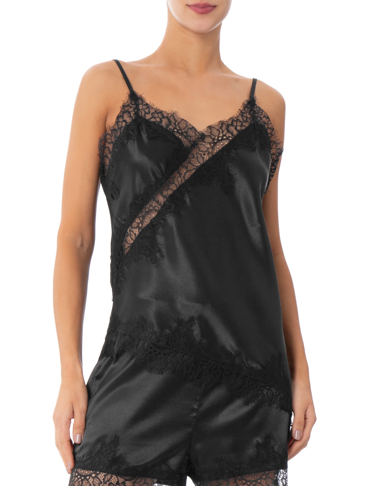 Blusa Feminina Acetinada com Renda Assimétrica Preto Market 33