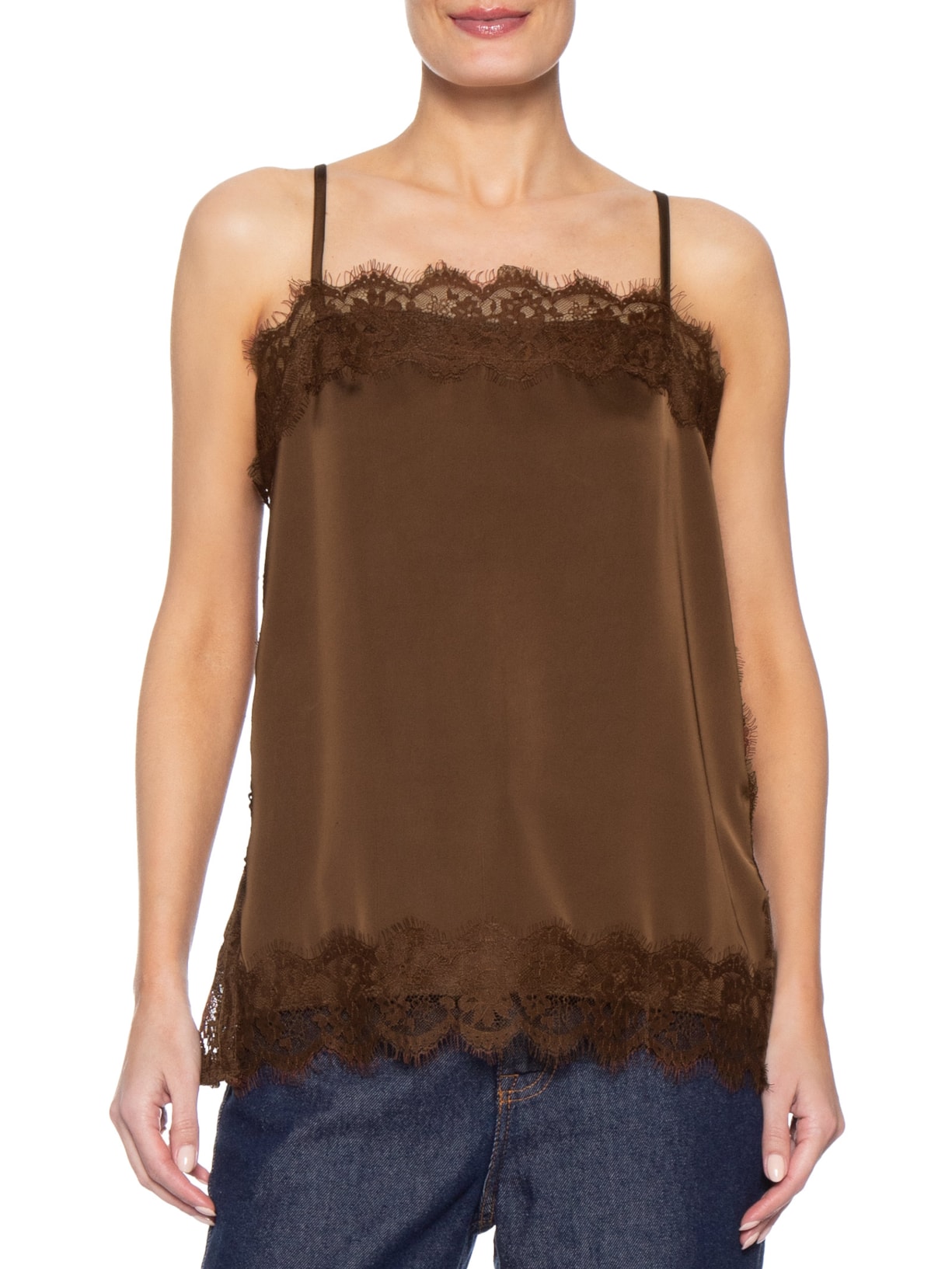 Blusa Feminina Acetinada Com Renda Marrom Market 33