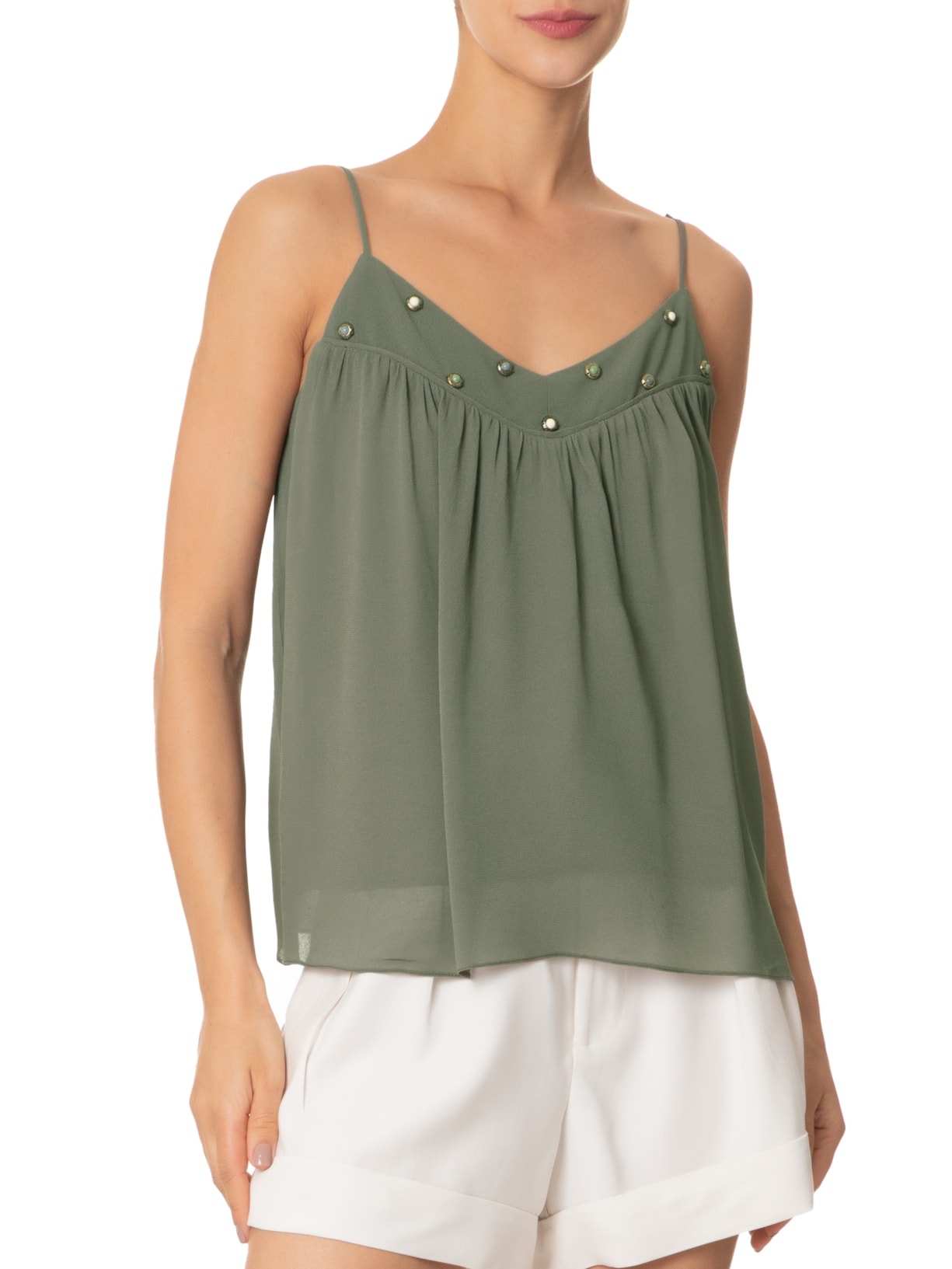 Blusa Feminina Alça Bordado Cinza Maria Filó