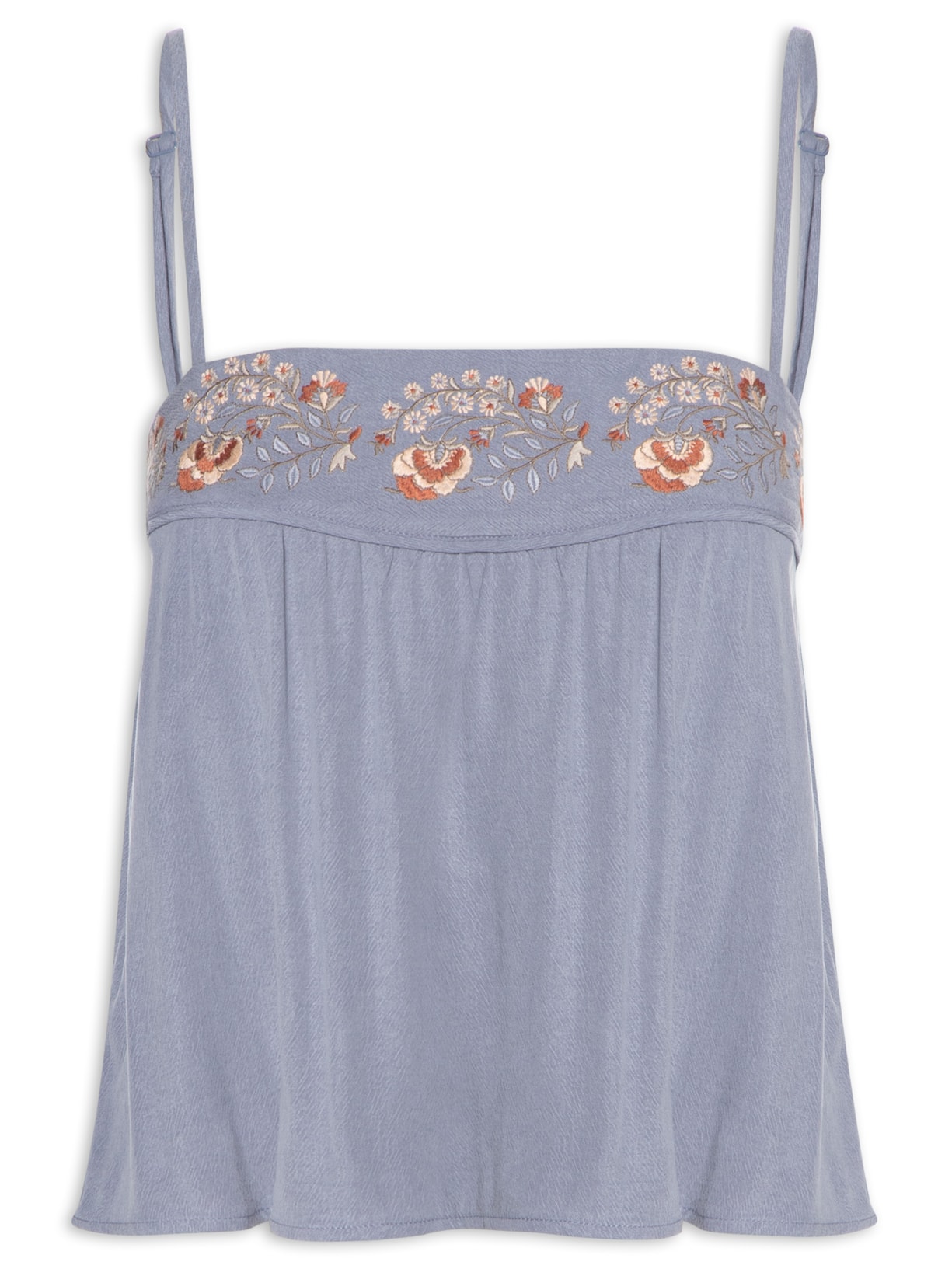 Blusa Feminina Alça Bordado Flor Retrô - Azul