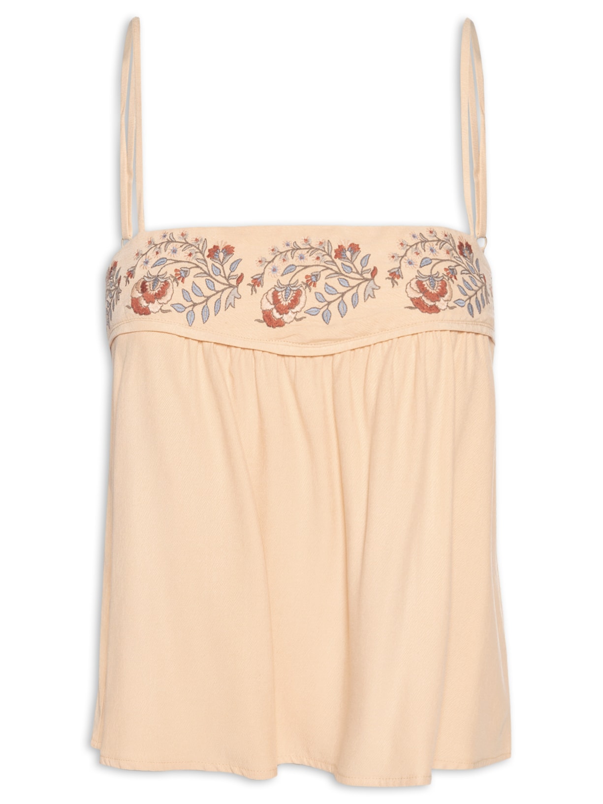 Blusa Feminina Alça Bordado Flor Retrô - Bege