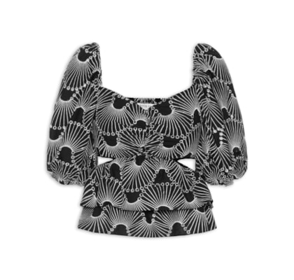 Blusa Feminina Algodão Bordado Ondas - Preto