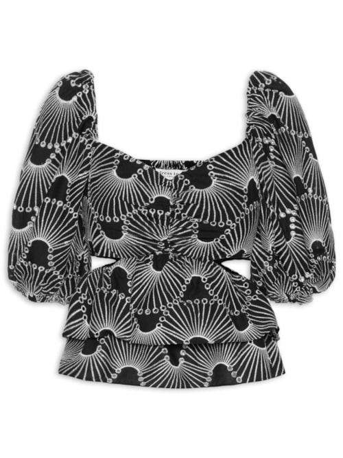 Blusa Feminina Algodão Bordado Ondas - Preto