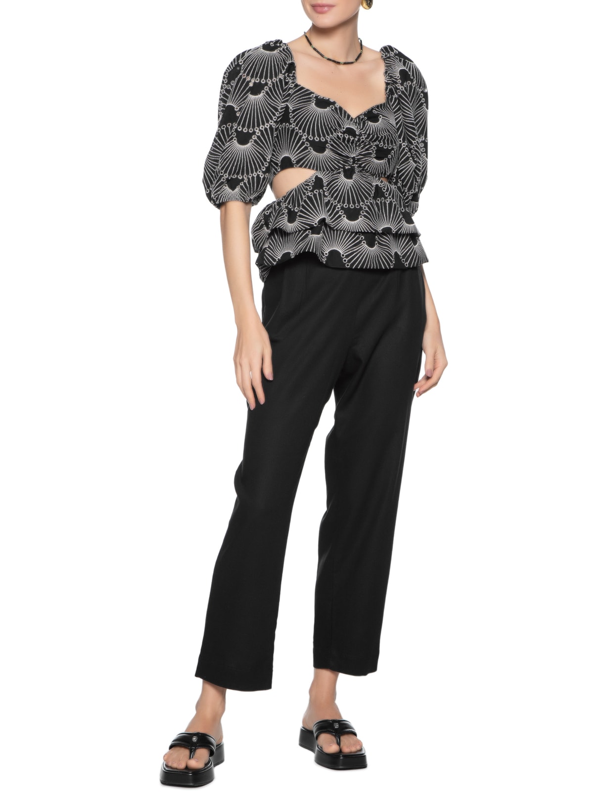 Blusa Feminina Algodão Bordado Ondas Preto Dress To
