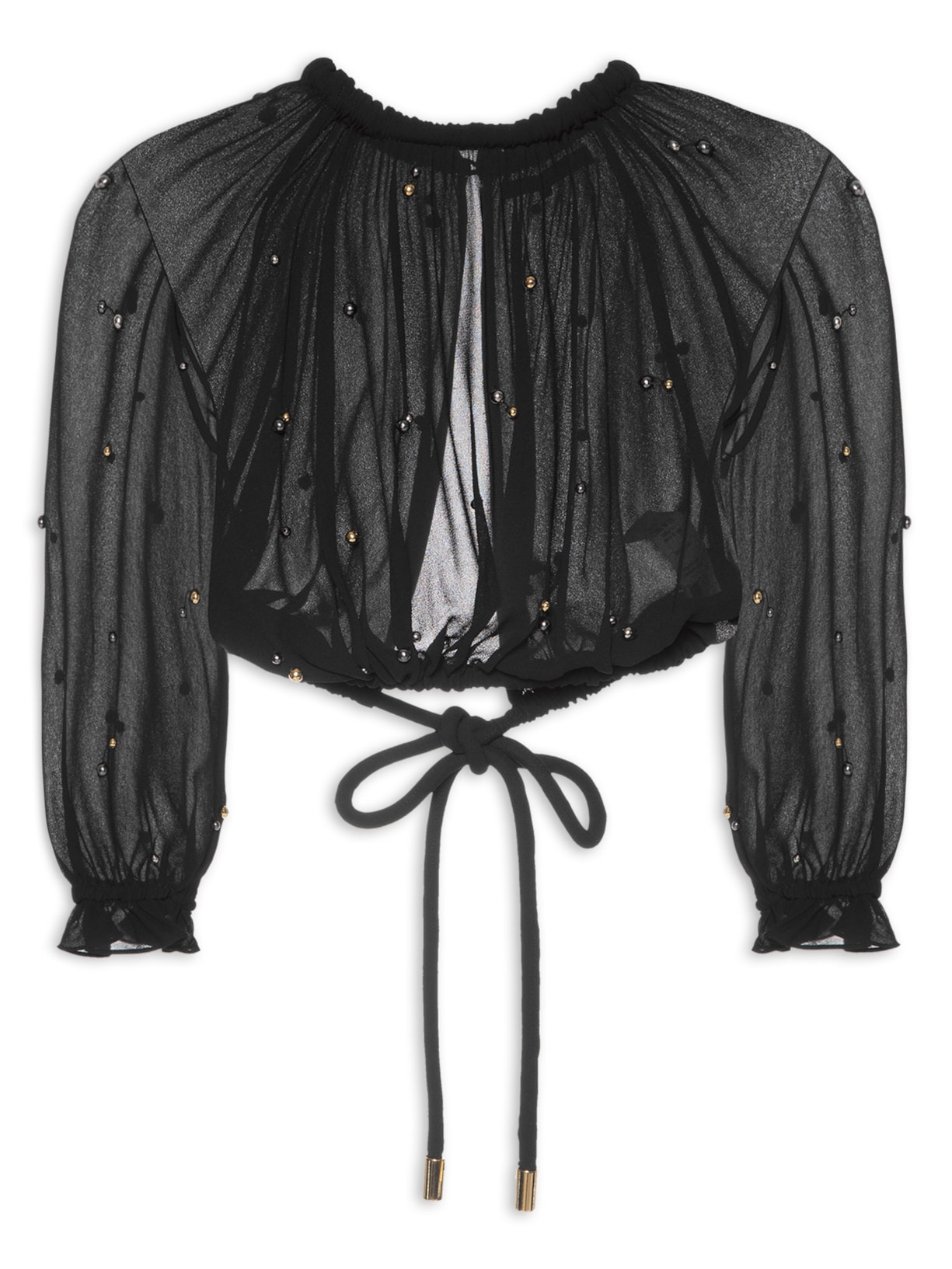 Blusa Feminina Amarração Bordados Bolas - Preto