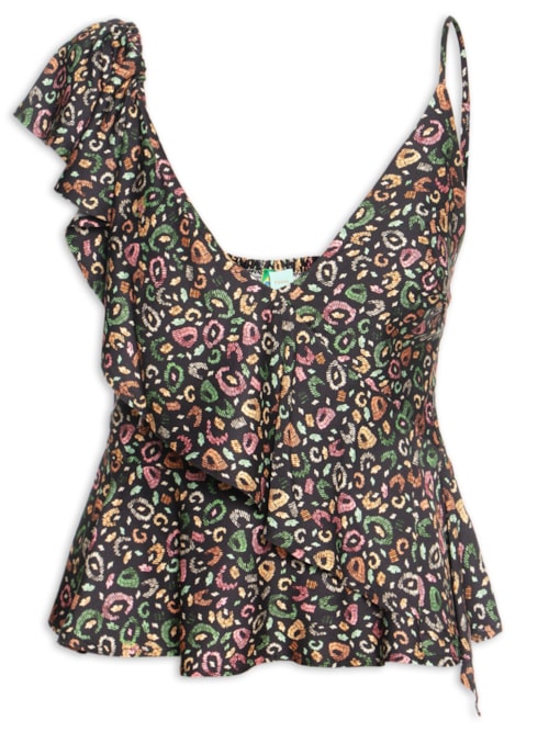 Blusa Feminina Babado Onça Borogodó - Preto