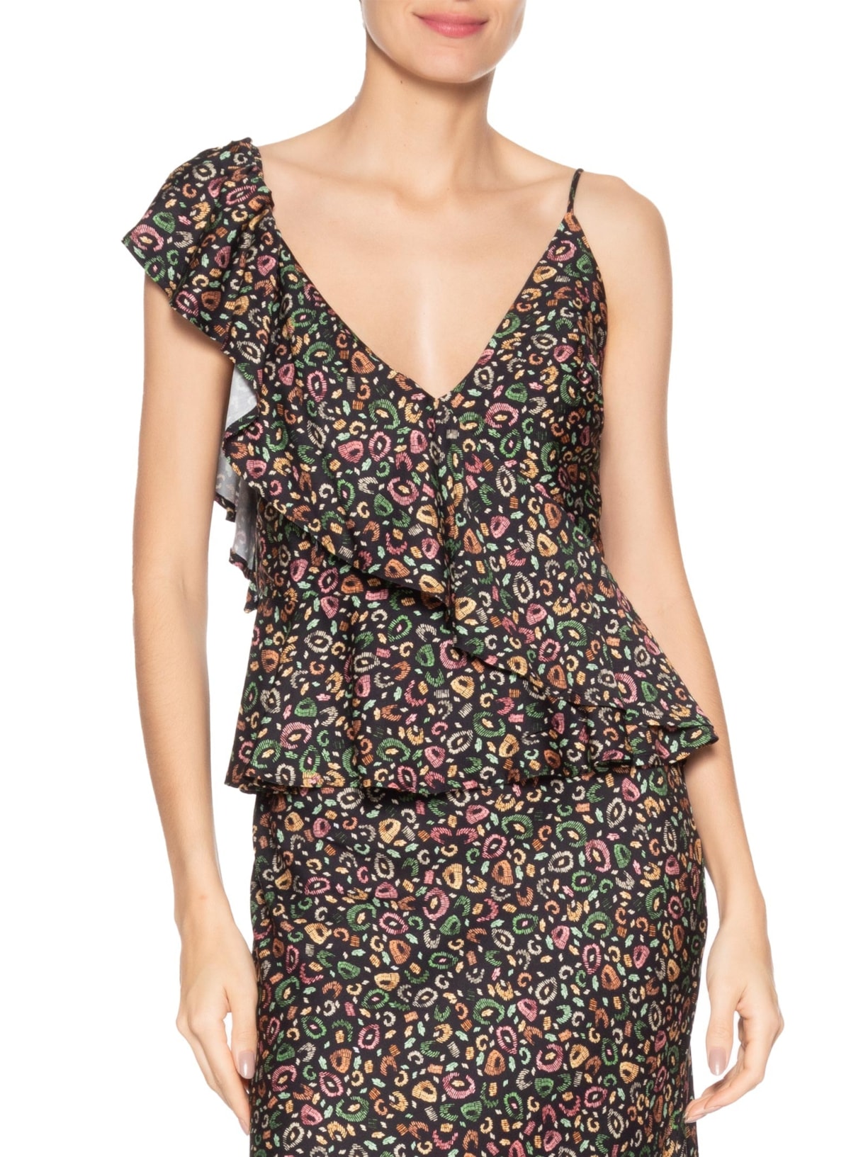 Blusa Feminina Babado Onça Borogodó Preto Farm